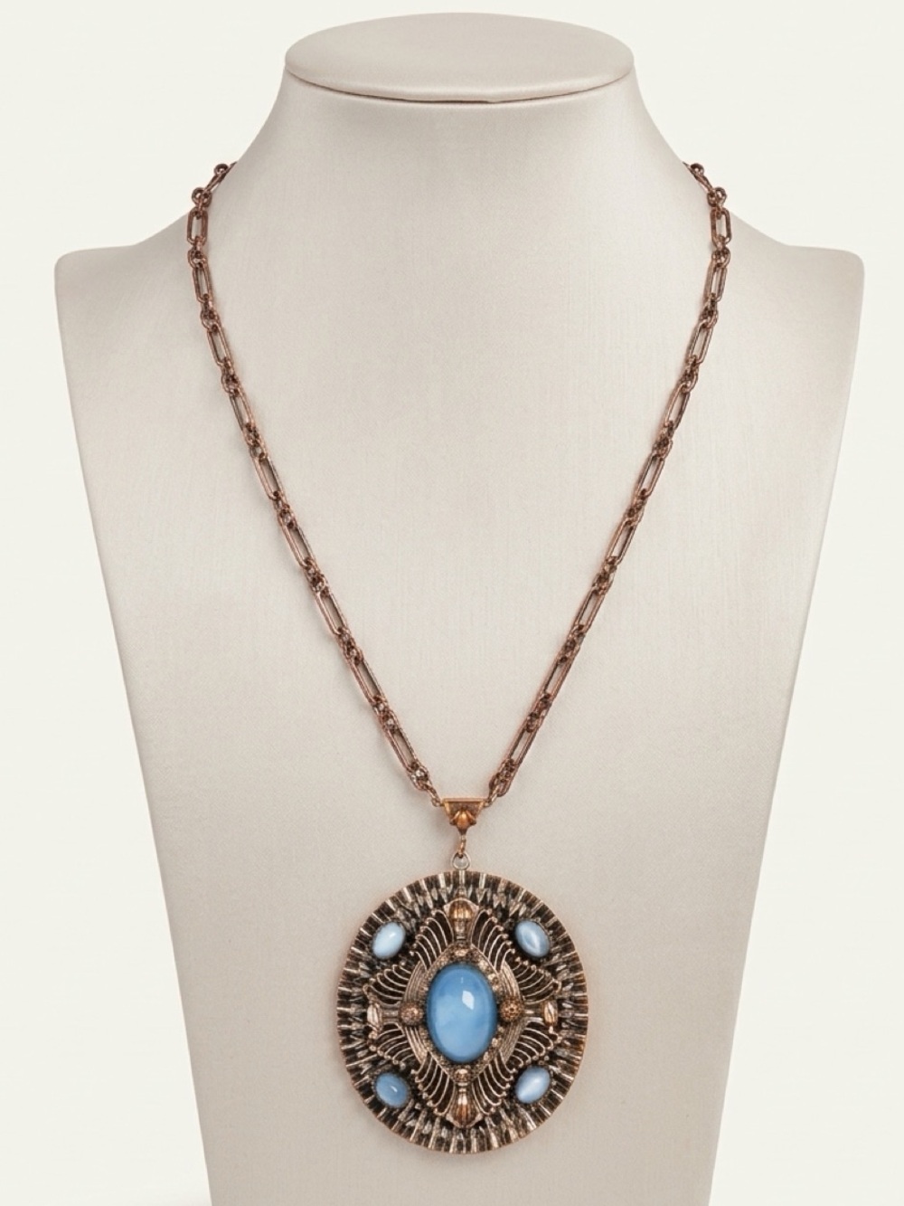 Vintage Blue Moonstone Pendant Necklace silvertone over copper, 22”, GUC
